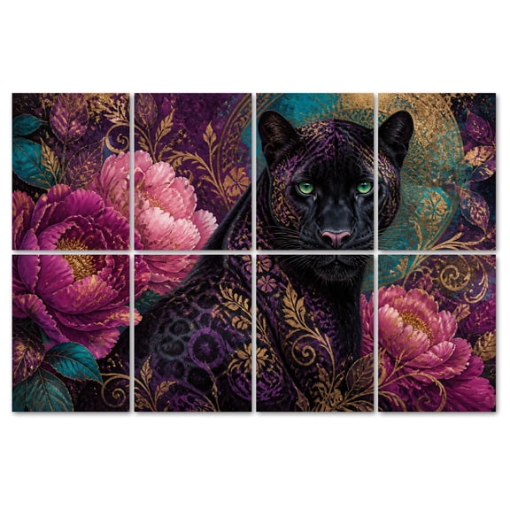 8 Pack Art Acoustic Panels Sound Absorbing dark wild leopard Ornate Floral Patterns Purple Teal Peony Decorative Soundproof Wall Panels Self Adhesive for Recording Studios Office 48"x32"