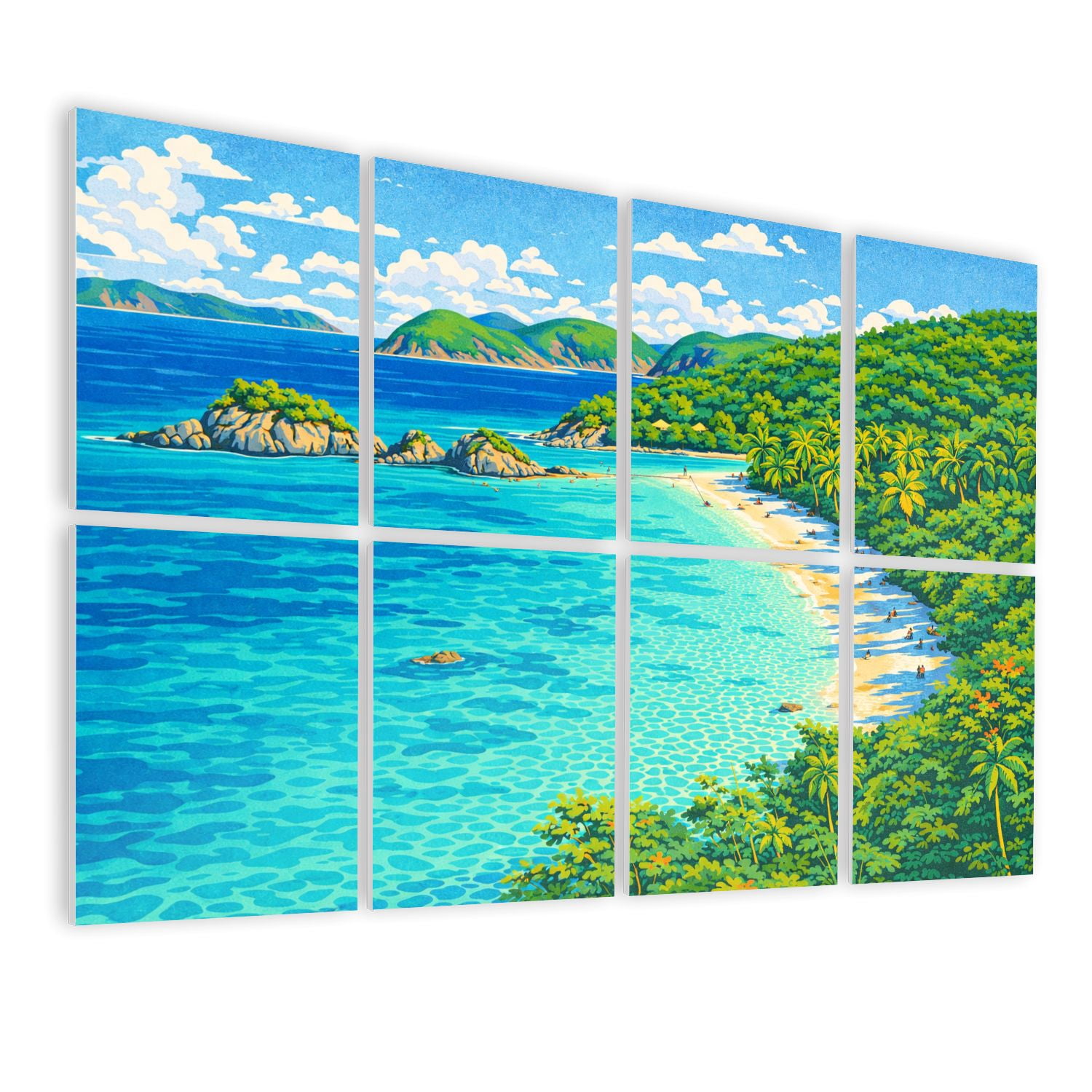 8 Pack Art Acoustic Panels Sound Absorbing panoramic beach Trunk Bay Decorative Soundproof Wall Panels Self Adhesive for Nursery Game Room Bedroom 48"x32"
