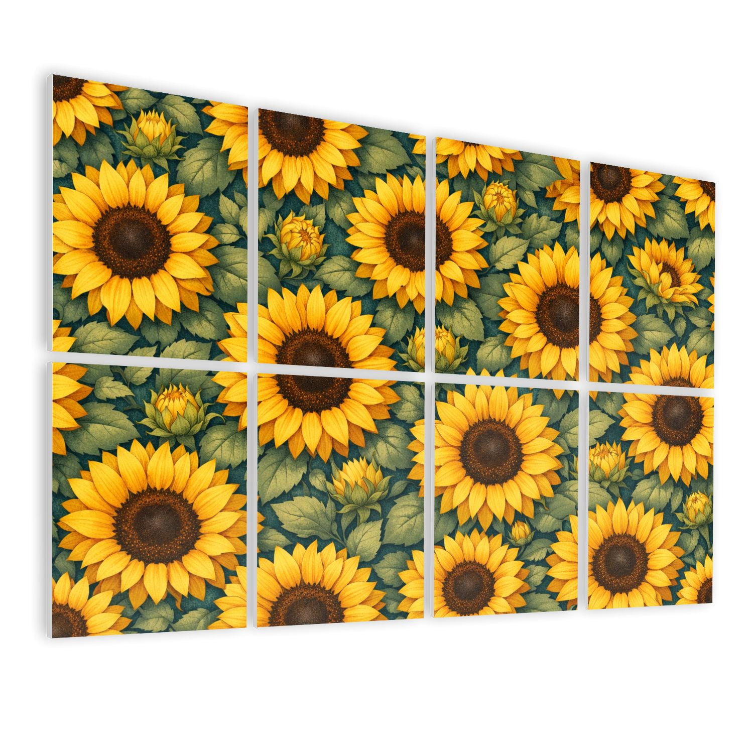 8 Pack Art Acoustic Panels Sunflower Seamless Yellow Blooms Dark Leaves Botanical Self Adhesive Absorbing Dampening Panels Self Adhesive for Nursery Game Room Bedroom 48"x32"