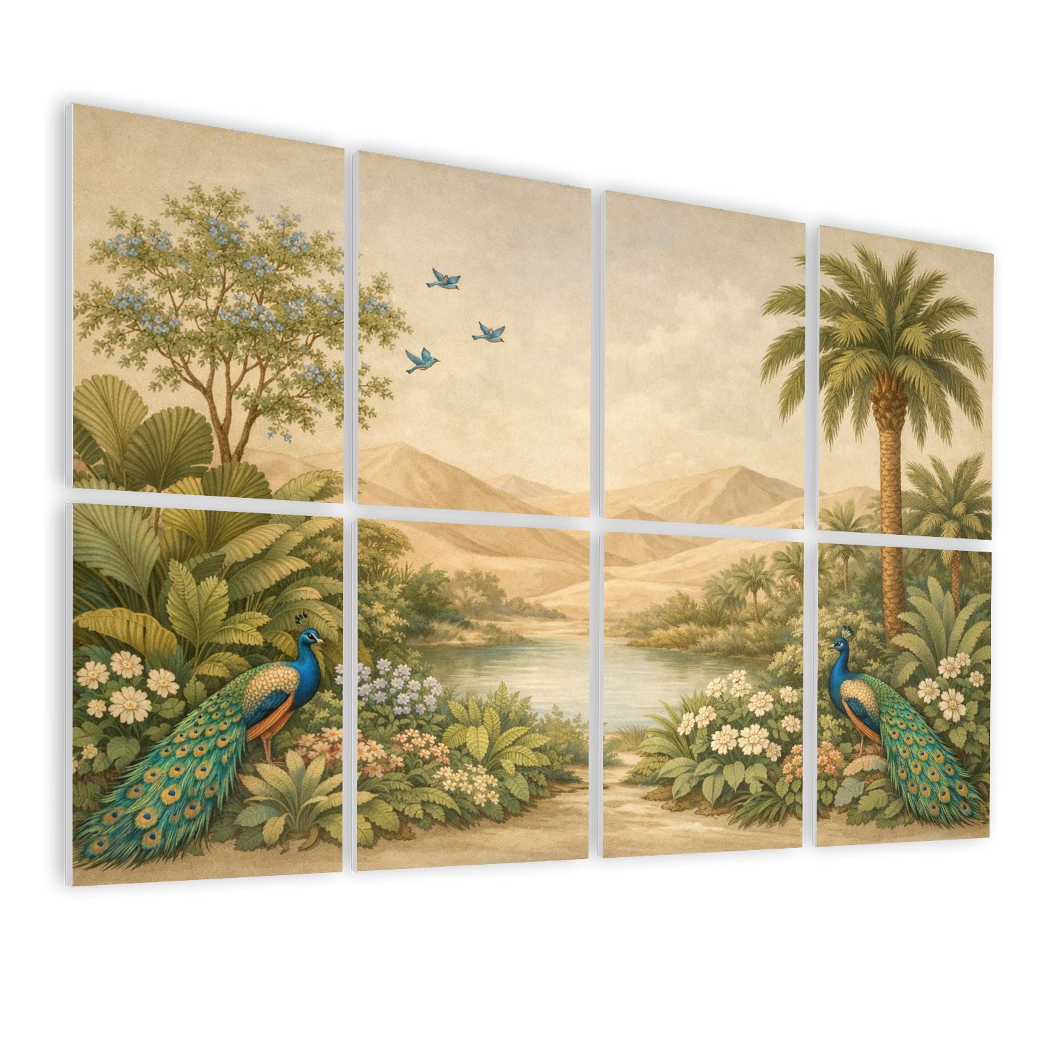 8 Pack Art Acoustic Panels Tropical Jungle Exotic Peacocks Palm Trees Self Adhesive Absorbing Dampening Panels Self Adhesive for Nursery Game Room Bedroom 48"x32"
