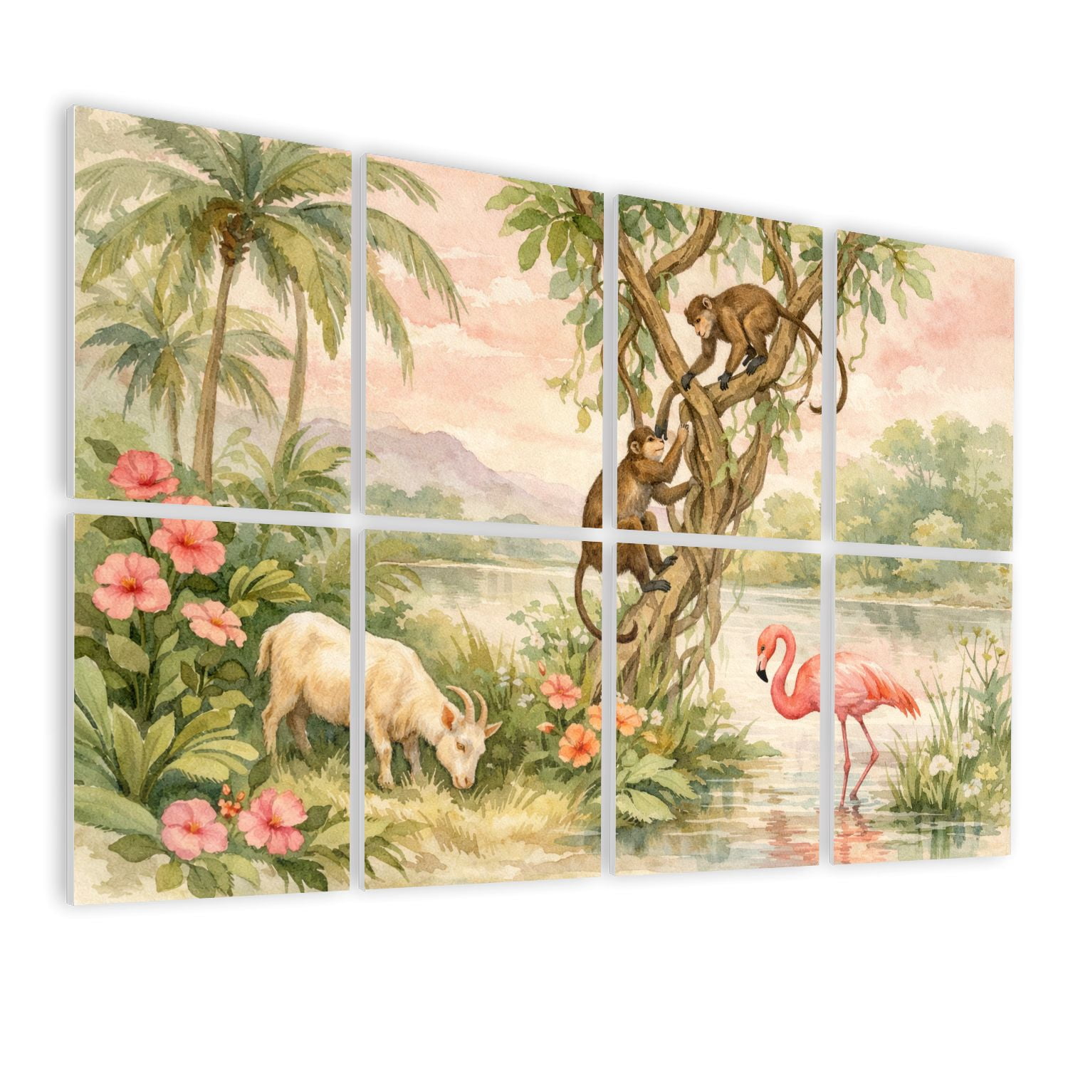 8 Pack Art Acoustic Panels Tropical Jungle Monkeys Flamingo Greenery Self Adhesive Absorbing Dampening Panels Self Adhesive for Nursery Game Room Bedroom 48"x32"