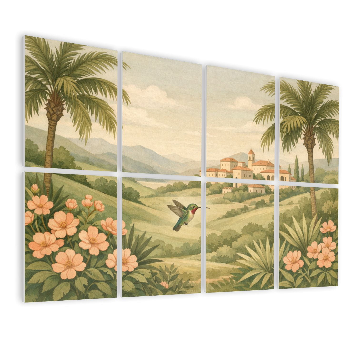 8 Pack Art Acoustic Panels Tropical Landscape Palm Trees Mountains Self Adhesive Absorbing Dampening Panels Self Adhesive for Nursery Game Room Bedroom 48"x32"