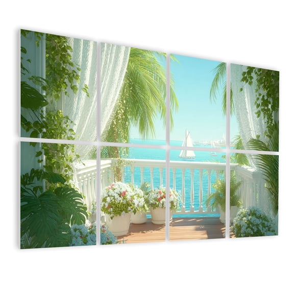 8 Pack Art Acoustic Panels Tropical Sea Terrace View Blue Ocean Island Boat Summer Scene Soundproof Wall Panels Self Adhesive for Recording Studio Living Room 48"x32"
