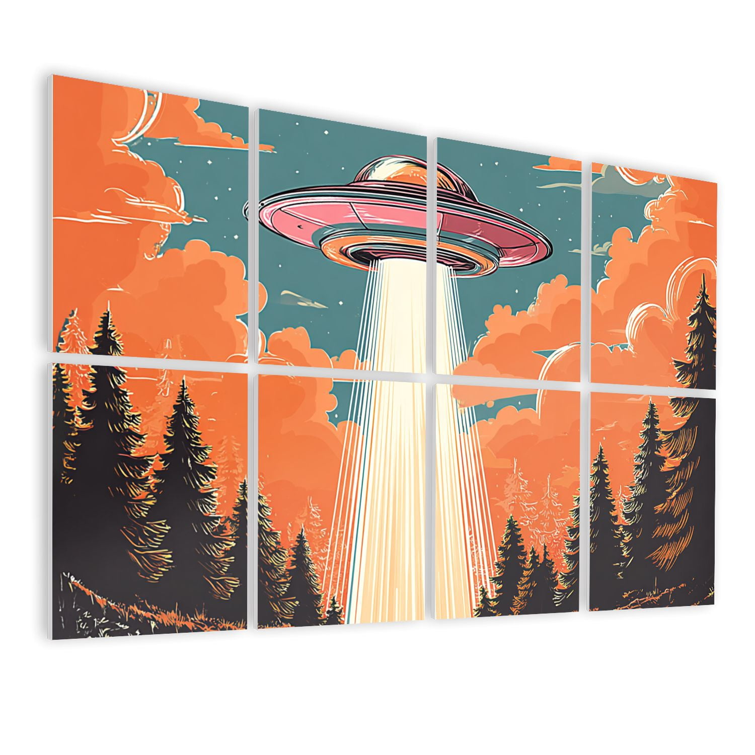 8 Pack Art Acoustic Panels UFO Beam Forest Sunset Retro Art Style Self Adhesive Sound Absorbing Panels for Home Office Studio Media Room 48"x32"