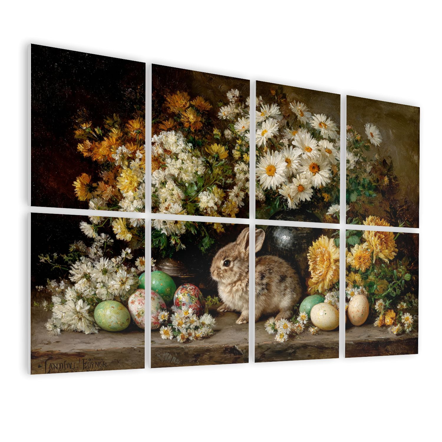 8 Pack Art Acoustic Panels Vintage Brown Bunny Daisy Easter Eggs Dark Toned Spring Rustic Animal Self Adhesive Sound Absorbing Panels for Home Office Studio Media Room 48"x32"