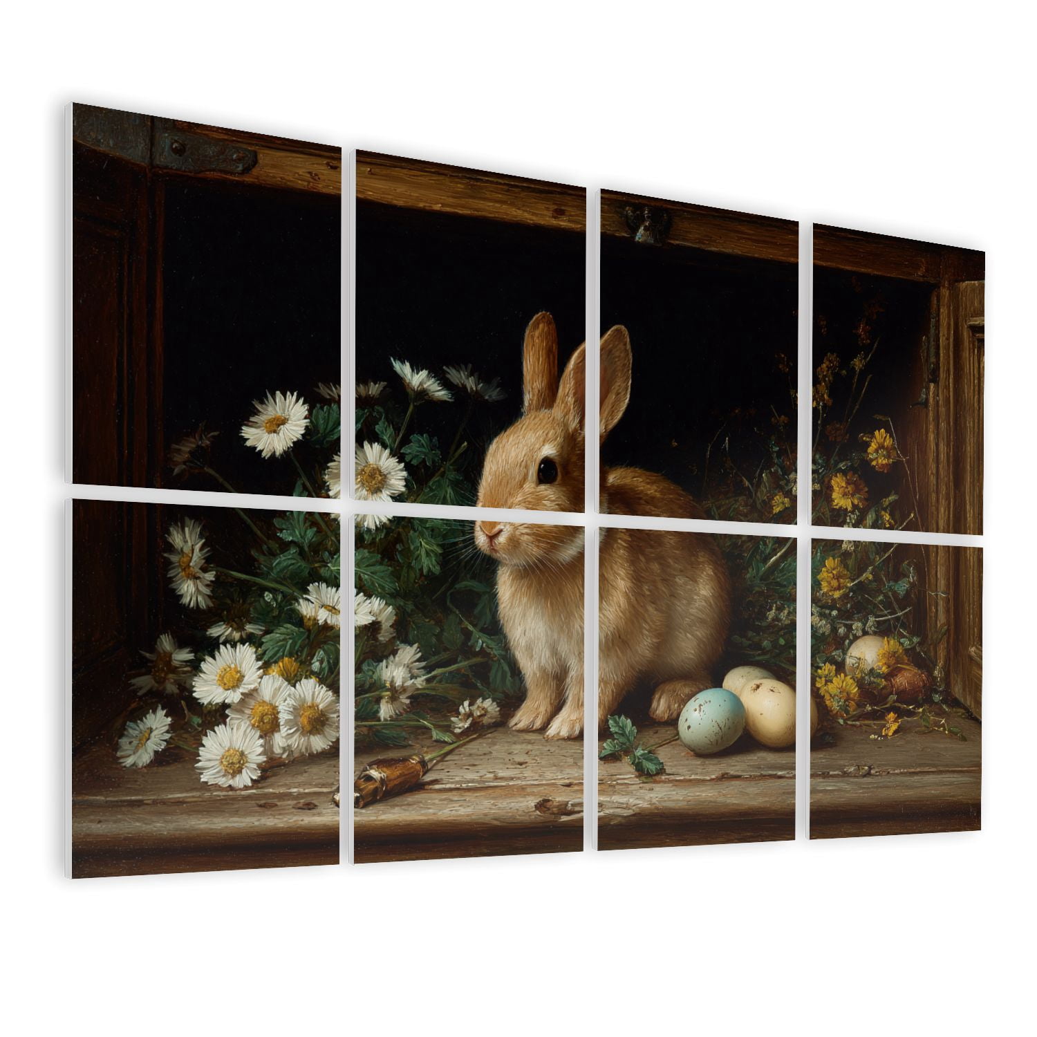 8 Pack Art Acoustic Panels Vintage Brown Bunny Daisy Easter Eggs Dark Toned Spring Rustic Animal Self Adhesive Sound Absorbing Panels for Home Office Studio Media Room 48"x32"