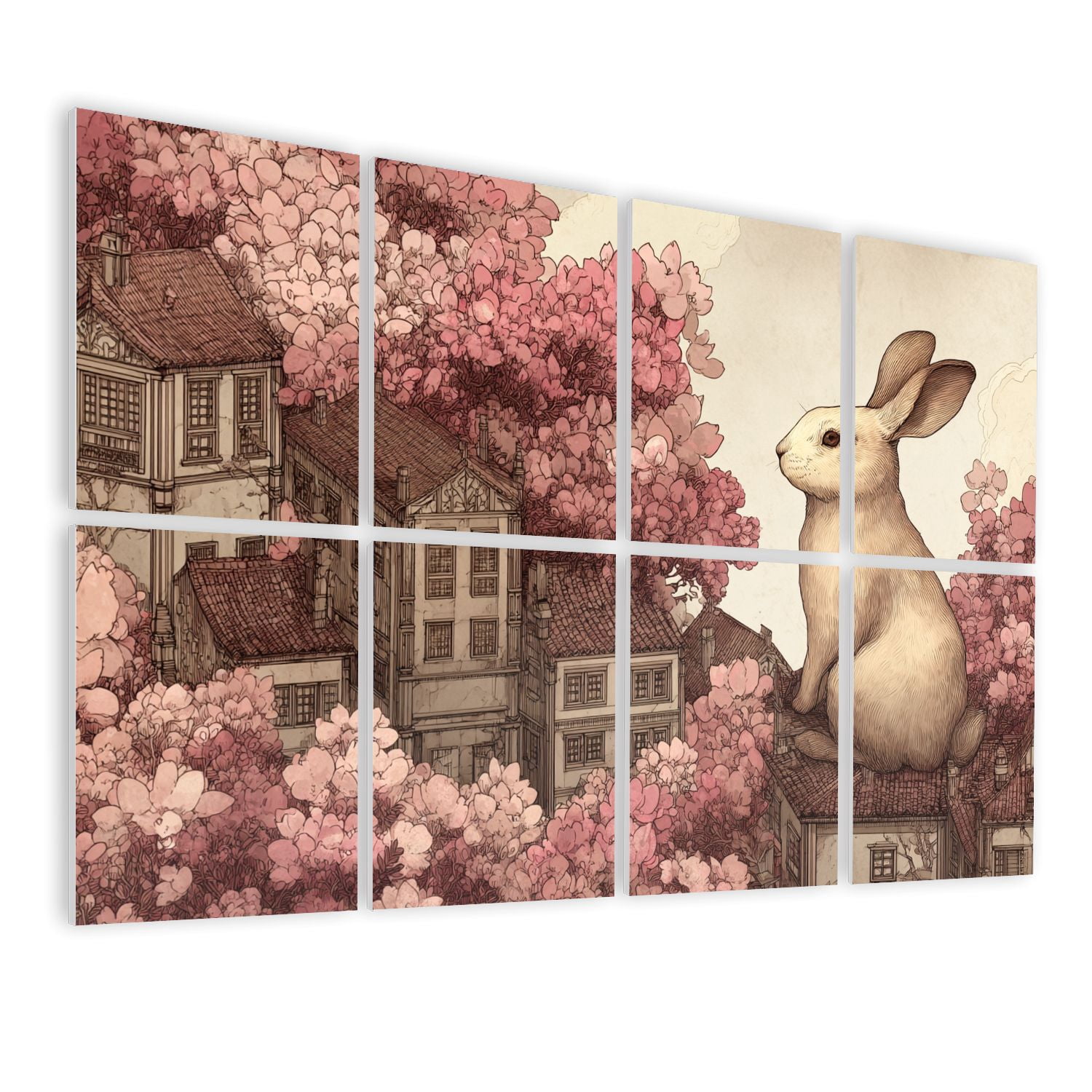8 Pack Art Acoustic Panels Whimsical Giant Rabbit Surrealism Vintage Landscape Anthropomorphic Self Adhesive Sound Absorbing Panels for Home Office Studio Media Room 48"x32"