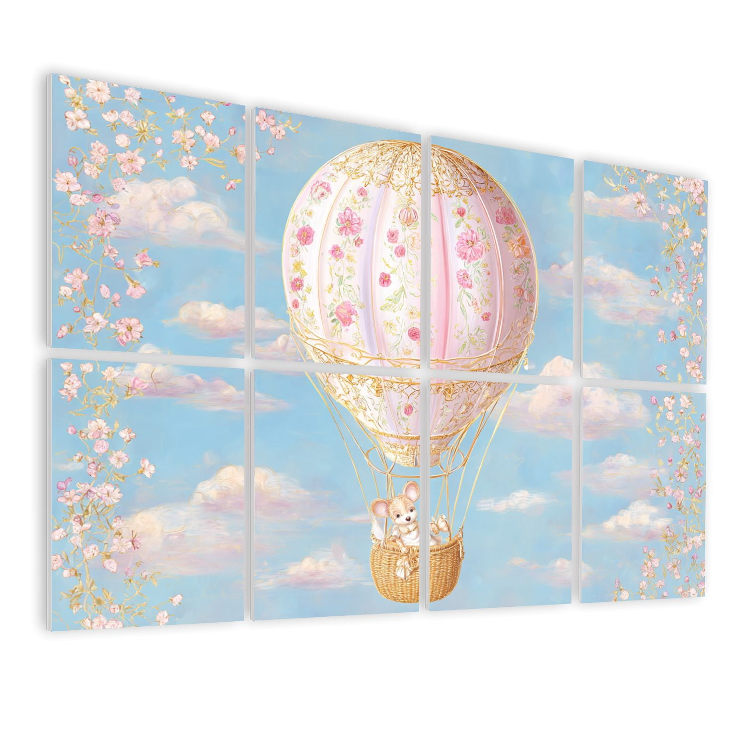 8 Pack Art Acoustic Panels Whimsical Hot Air Balloon Floral Cute Mouse Sky Self Adhesive Sound Absorbing Panels for Home Office Studio Media Room 48"x32"