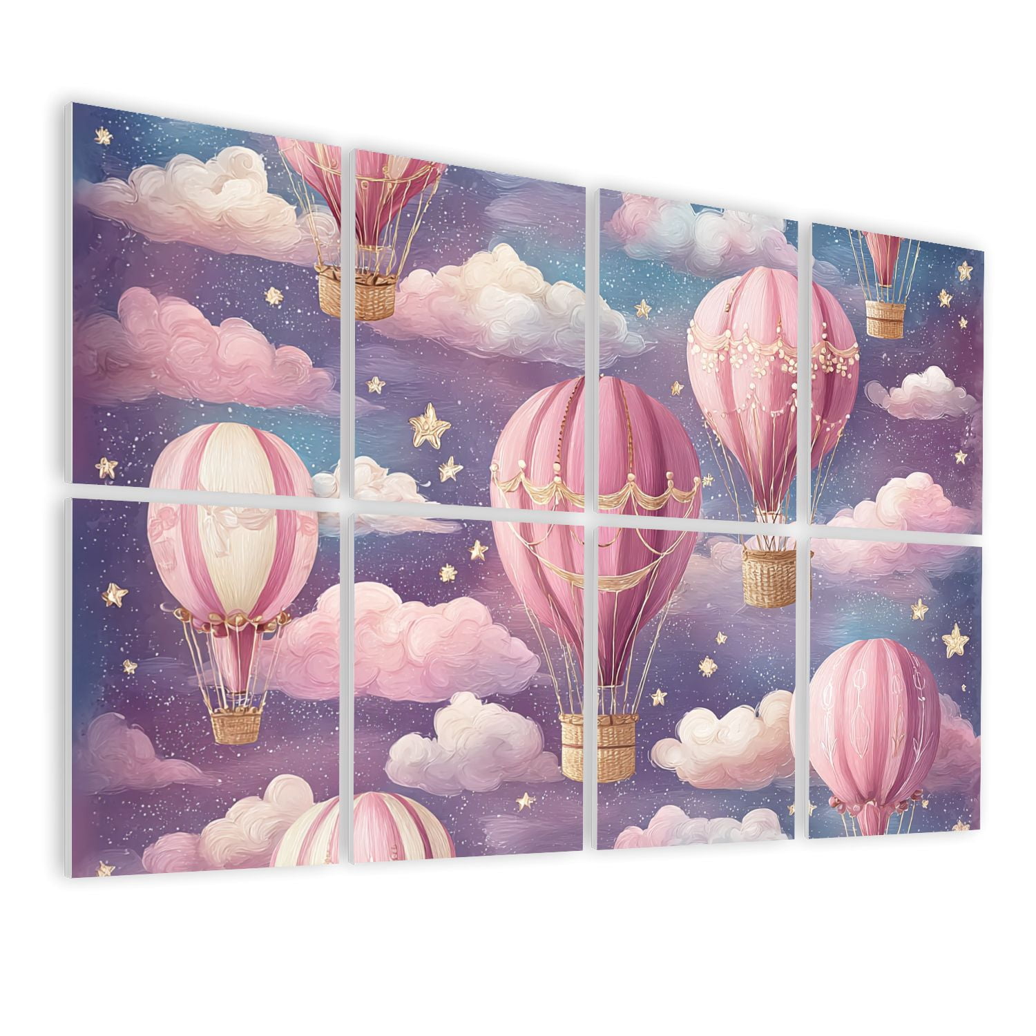 8 Pack Art Acoustic Panels Whimsical Pink Hot Air Balloons Floating Starry Sky Clouds Self Adhesive Sound Absorbing Panels for Home Office Studio Media Room 48"x32"