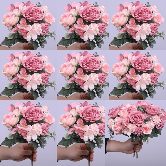 8 Pack Artificial Peony Flowers, Silk Peonies Flowers Fake Peonies Artificial Flowers Peonies Hydrangea Bouquet for Centerpiece Table Wedding Party Home Decor (8, Purple + Pink)