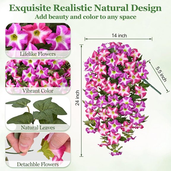 8 Pack Artificial Petunias Fake Flowers Realistic Hanging Plants for Outside Porch Garden Spring Summer Decor Double Fuchsia