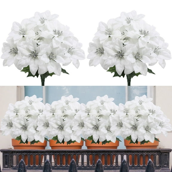 8 Pack Artificial Poinsettia Bushes,11.8 Inch Faux White 5 Stems Velvet Poinsettia Floral for Indoor Outdoor Christmas Tree Ornament Home Porch Decorations
