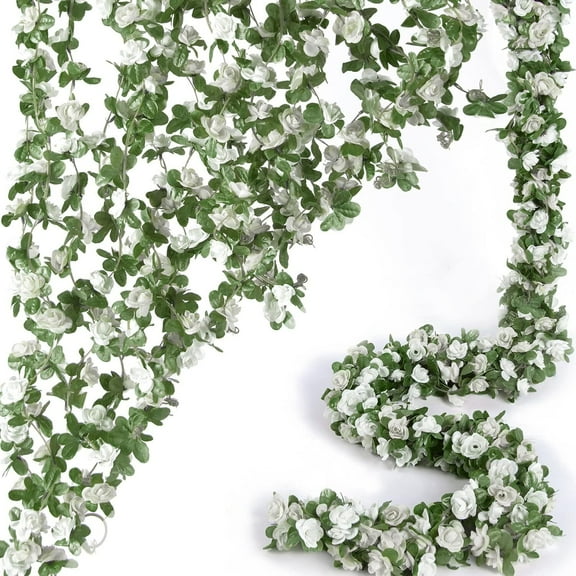 8-Pack Artificial White Rose Vine Fake Flower Garland (60FT Total) - Fake Flower Vines with Green Leaves | Bedroom Aesthetic Decor, Weddings, Birthday, Christmas, Home Decor, Party & Garden Decor