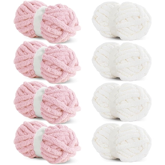 8 Pack Assorted Chunky Yarn for Crocheting,Super Bulky Large Soft Fluffy Yarn,Plush Fuzzy Yarn,Thick Chenille Yarn for Hand Knitting/Arm Knitting,4 Cream & 4 Pink(27yds,8 oz Each Skein)