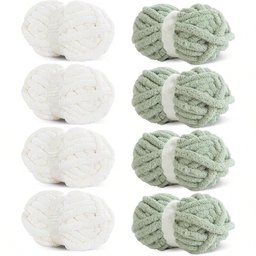 8 Pack Assorted Chunky Yarn for Crochetinger Bulky Large Soft Fluffy Yarn Plush Fuzzy Yarn Thick Chenille Yarn for Hand Knitting/Arm Knitting 4 White 4 Sage Green 27yds 8 oz Each Skein