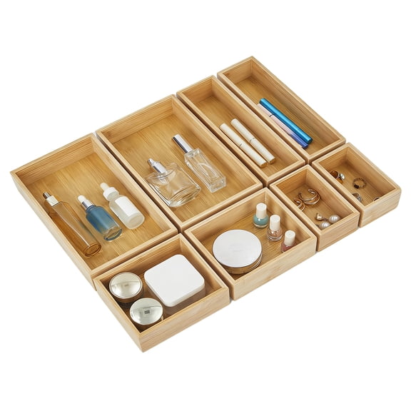 8 Pack Bamboo Drawer Organizer Set, Expandable Storage Boxes for Kitchen, Desk and Drawers, Natural Bamboo Drawer Divider Trays for Makeup, Jewelry
