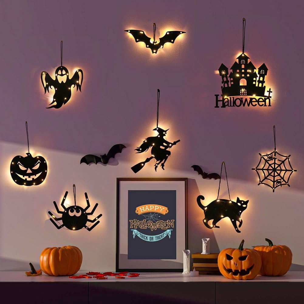 8 Pack Battery Operated Halloween Lights Spiders Theme, 3 Light Modes