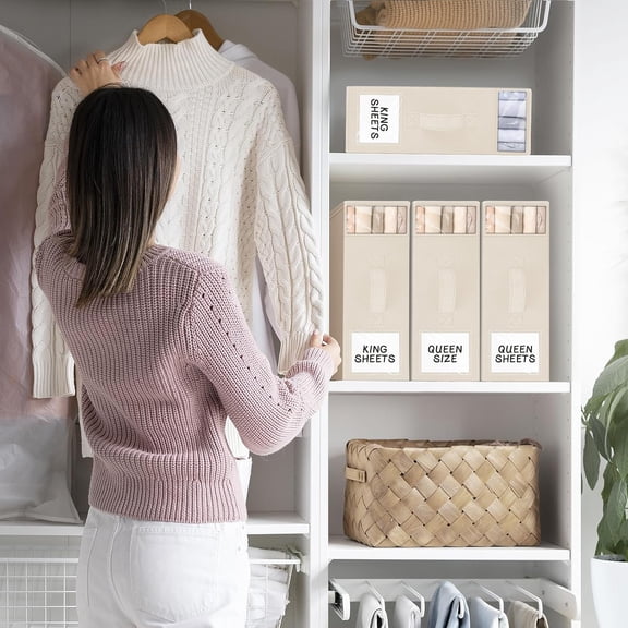 8 Pack Bed Sheet Closet Organizers and Storage, Sturdy Foldable Storage Containers with Window and Label, Storage and Organization for Bedding Sheets, Duvet Covers, Blankets (Beige)