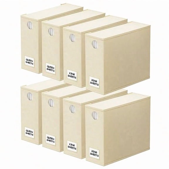 8 Pack Bed Sheet Organizers and Storage Foldable Sheet Organizer for Linen Closet Sheets Set Folder Keeper with Window XL Queen King Size Bedding Container (Beige 8 Pack)