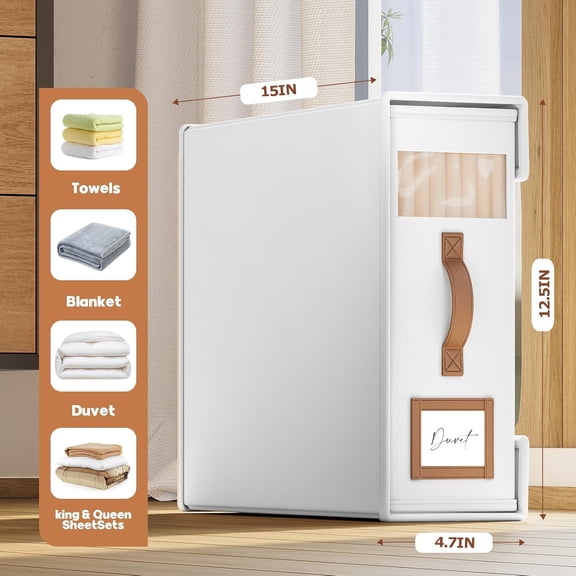 8 Pack Bed Sheet Organizers And Storage(King & Queen Size) With Leather Handles,Foldable Organizer With Clear Window,Bedding Storage Box For Blanket,Sheets,Duvet Cover-White