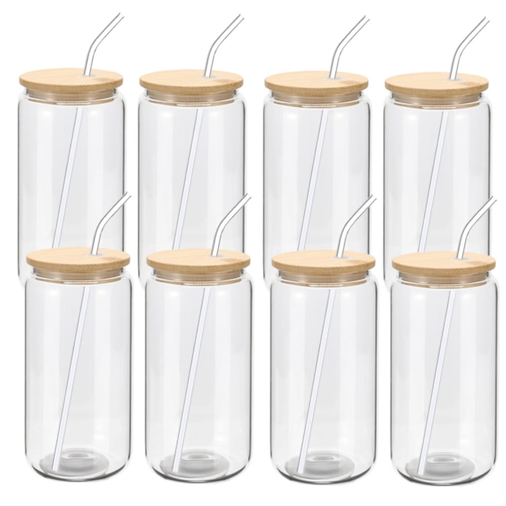 HOMBERKING Glass Cups with Bamboo Lids and Straws 8pcs Set, 20oz Can Shaped  Glas