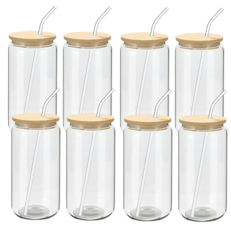 Ribbed Glass Cups With Bamboo Lids And Glass Straws Set Of 4