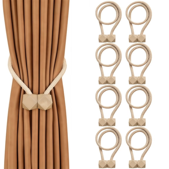 8 Pack Beige Magnetic Curtain Tiebacks, Woven Rope Curtain Holdbacks with Magnetic Closure, Decorative Curtain Ties for Home, Office & Living Room