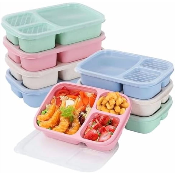 8 Pack Bento Lunch Box Set - 3 Compartment Microwave Safe Food Containers, Wheat Straw Meal Prep Containers, Dishwasher Safe (Light Colors)