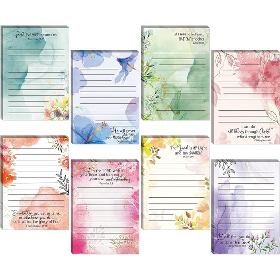 8 Pack Bible Sticky Notes 240 Sheets Christian Sticky Notes 4 x 5 Inch Scripture Inspirational Memo Pads Floral Religious Quotes Notepads for Message Reminder Lists Schedules(Watercolor)