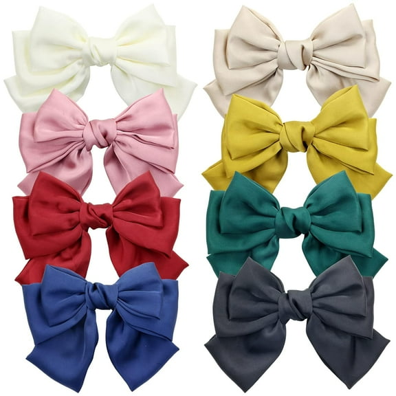 8 Pack Big Large Oversized Silk Ribbon Bow French Barrettes Hair Clips Ponytail Holders Accessories for Women Girls Teens