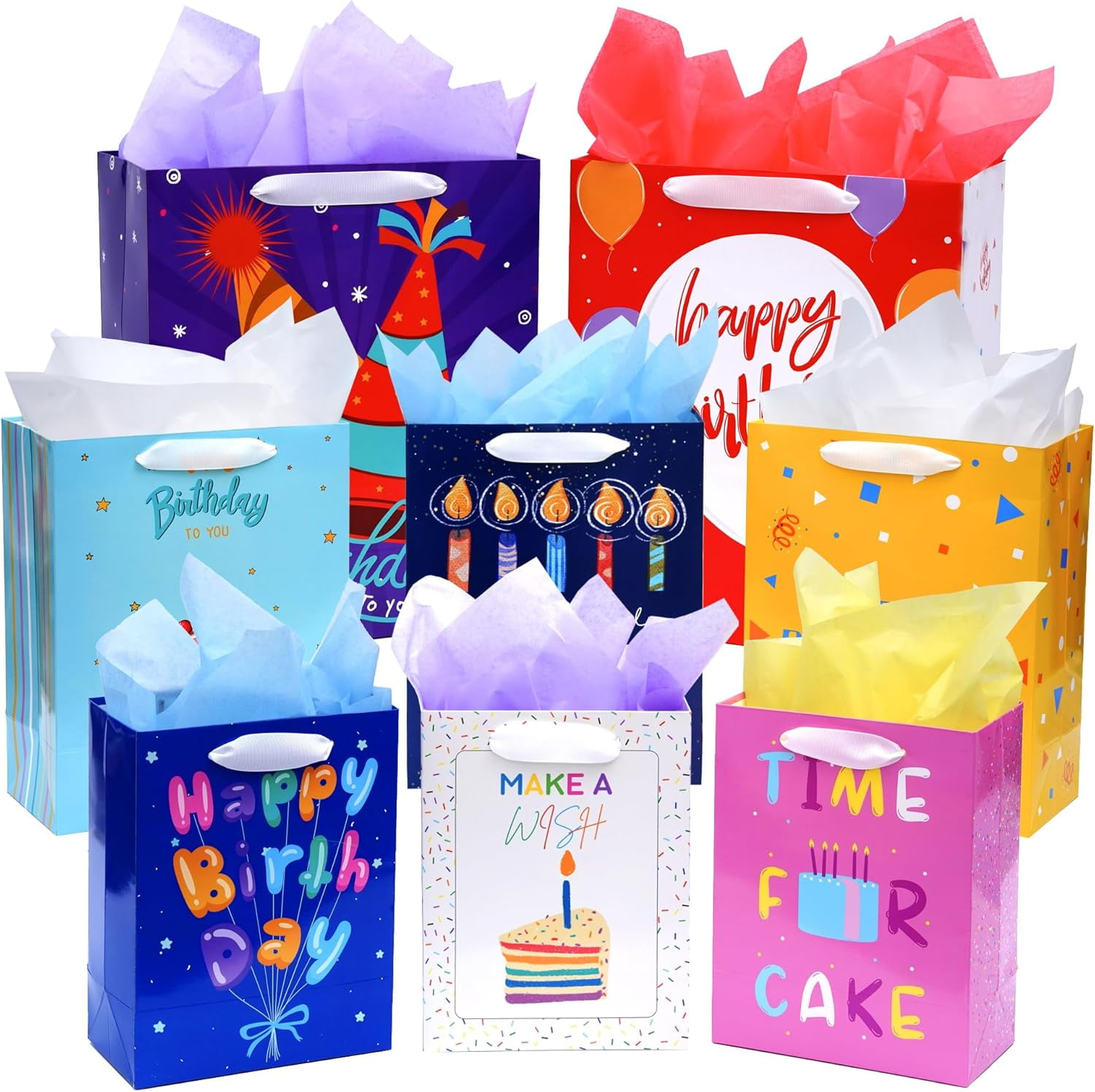 8 Pack Birthday Gift Bags Assorted Sizes (2 Extra Large 15", 3 Large 13",3 Medium 9") with Ribbon Handle and Tissue Paper, Reusable and Perfect For Wrapping Present