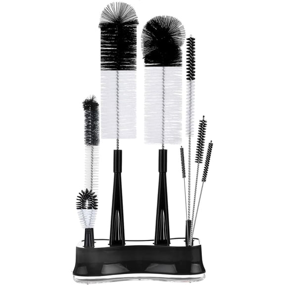 8 Pack Black Bottle Brush Cleaning Set with Stand, Long Handle Bottle Cleaner with Holder for Narrow Neck Beer Wine Brewing Bottles, Water Bottles, Baby Bottles, Tumblers, Carafe, Straws