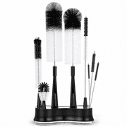8-Piece Bottle Brush Cleaning Set with Stand, Black Long Handle Water Bottle Cleaner Brushes for Narrow Neck & Wide Mouth Bottles, Tumblers, Straws and Lids