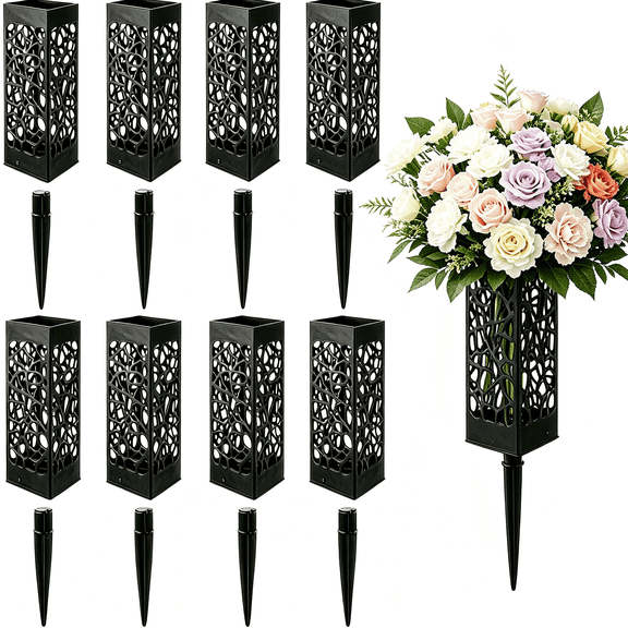 8 Pack Black Memorial Cemetery Floral Holder Decoration Plastic Floral Vase Cones with Long Spike Stake and Drainage Holes