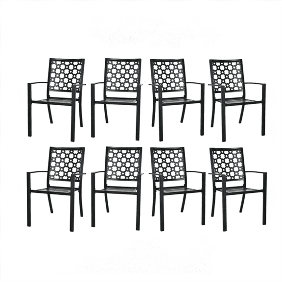 MEOOEM 8-Pack Black Metal Floral-Back Fixed Outdoor Dining Arm Chairs - Rust-Resistant, 300LBS Capacity for Patio, Backyard & Gatherings