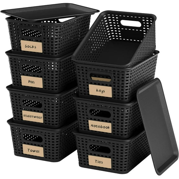8-Pack Black Plastic Storage Baskets with Lids, Label Organizers, Stackable Organizer Containers: For Organizing Shelves, Drawers, Desk Closets, Playrooms, Classrooms, Offices