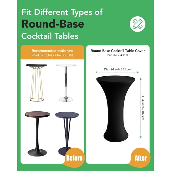 8-Pack Black Spandex Cocktail Table Covers 24x43 Inch Fitted Stretchy Round Bar Height Tablecloths for Party Wedding Event Decorations