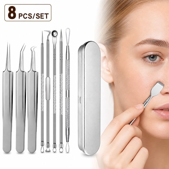 8 Pack Blackhead Remover Tool Kit, Stainless Steel Blemish Extraction Tools in Metal Box for Facial Deep Pore Cleaning