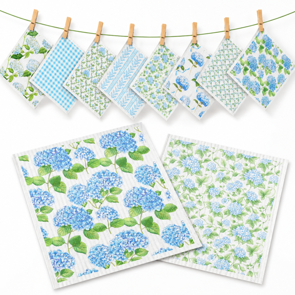 8 Pack Blue Hydrangea Cotton Kitchen Dishcloths, Absorbent Cleaning Towels
