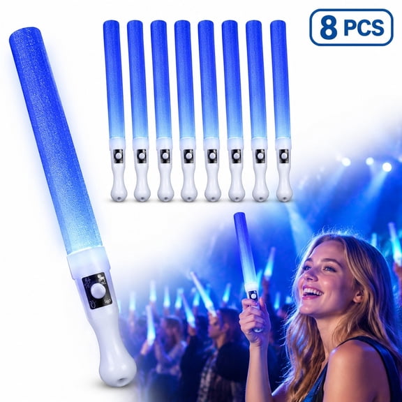 8 Pack Blue LED Light Sticks, 3 Mode Battery Operated Handheld Light Up Wands for Concert Wedding Holiday Parties