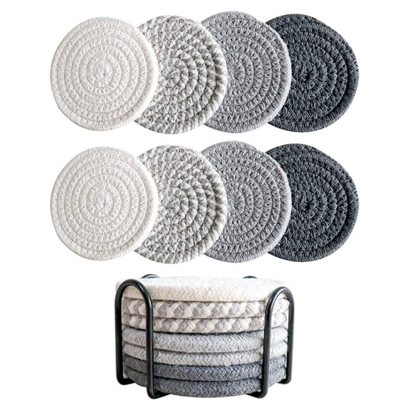 8 Pack Bohemian Cotton Linen Drink Coasters with Iron Holder, 4.3 Inch Absorbent Table Mats for Coffee Mug Cup, Decorative Kitchen Gift