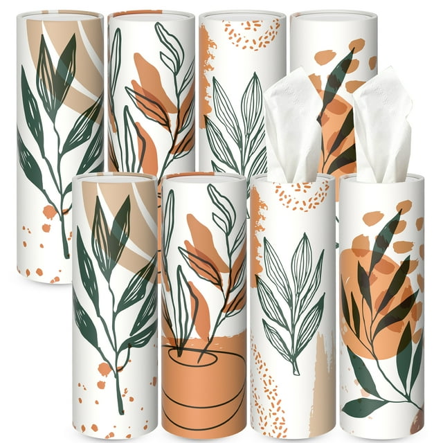 8 Pack Boho Car Tissue Holder, 3Ply Facial Tissues, Compact Round Tube
