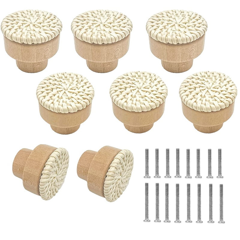 8 Pack Boho Rattan Knobs for Dresser Drawers Wood Knobs for
