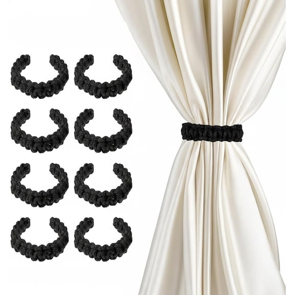 8 Pack Boho Rustic Braided Curtain Tiebacks – Handmade Linen Window Holdbacks | Adjustable Lightweight Elegant Drapes Decorative Accessories for Home, Office & Bedroom (Black)
