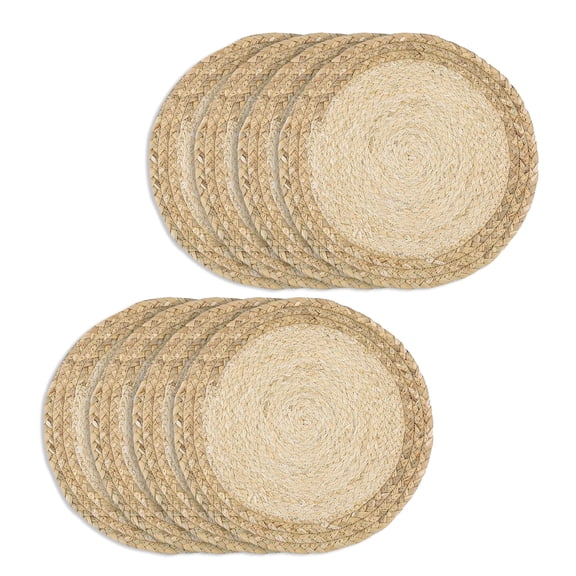 8 Pack Boho Woven Placemats 12", Natural Jute & Straw Round Table Mats, Heat Resistant Non-Slip Placemats for Dining Table, Kitchen, Party & Holiday Decor, Straw, Yellow