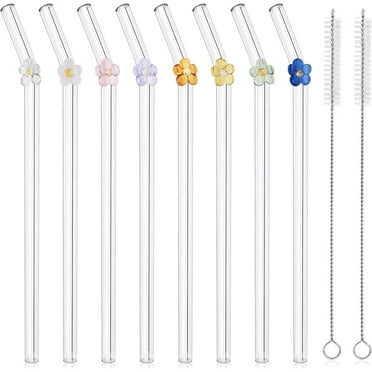 8 Pack Borosilicate Glass Straws with Flowers, Shatterproof & Dishwasher Safe for Smoothies, Boba Tea, Eco-Friendly Reusable Set