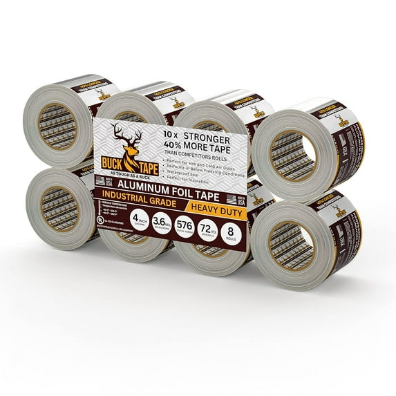 8 Pack Buck Professional Grade Aluminum Foil Tape - 4 Inch x 216ft (72 yd) 3.6 Mil - Ideal for HVAC, Insulation, Pipes & Metal Repair - Heat Resistant & Waterproof - Perfect for Sealing Ducts & Vents
