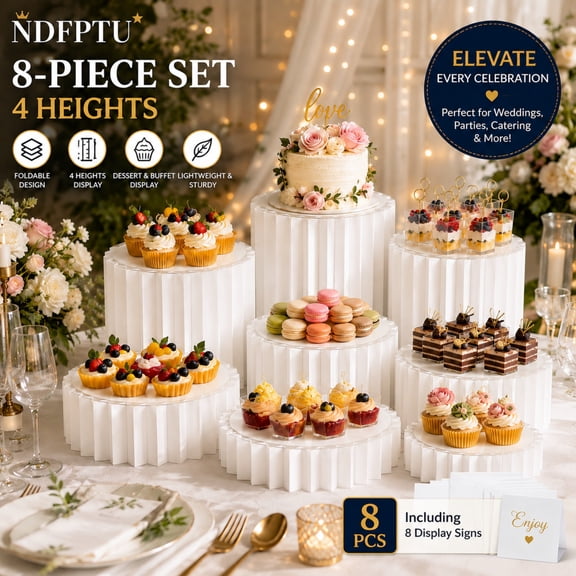 8 Pack Buffet Risers Display Stands Foldable 4 Heights White Cardboard Cylinder Cake Stands for Party Dessert Table Cupcake Wedding Catering Food Display