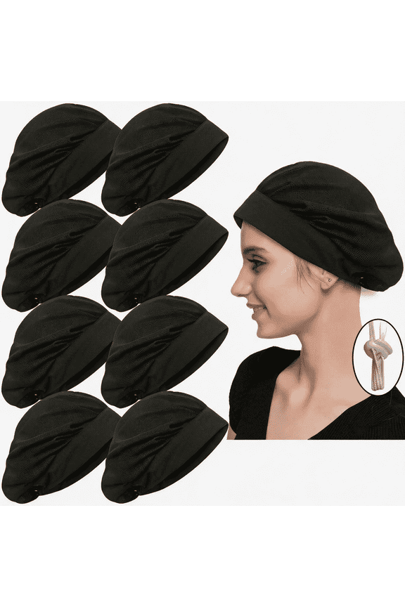 8-Pack Bulk Adjustable Drawstring Chef Hats, Breathable Mesh Kitchen Hair Nets for Commercial Food Service, Black