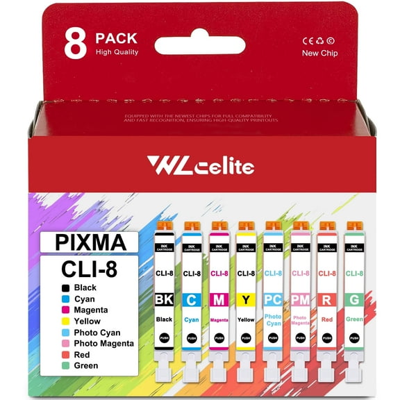 8-Pack CLI-8 Ink Tank Compatible Replacement for Canon PIXMA CLI-8 Ink Cartridge Printer (1BK 1C 1M 1Y 1PC 1PM 1R 1G)
